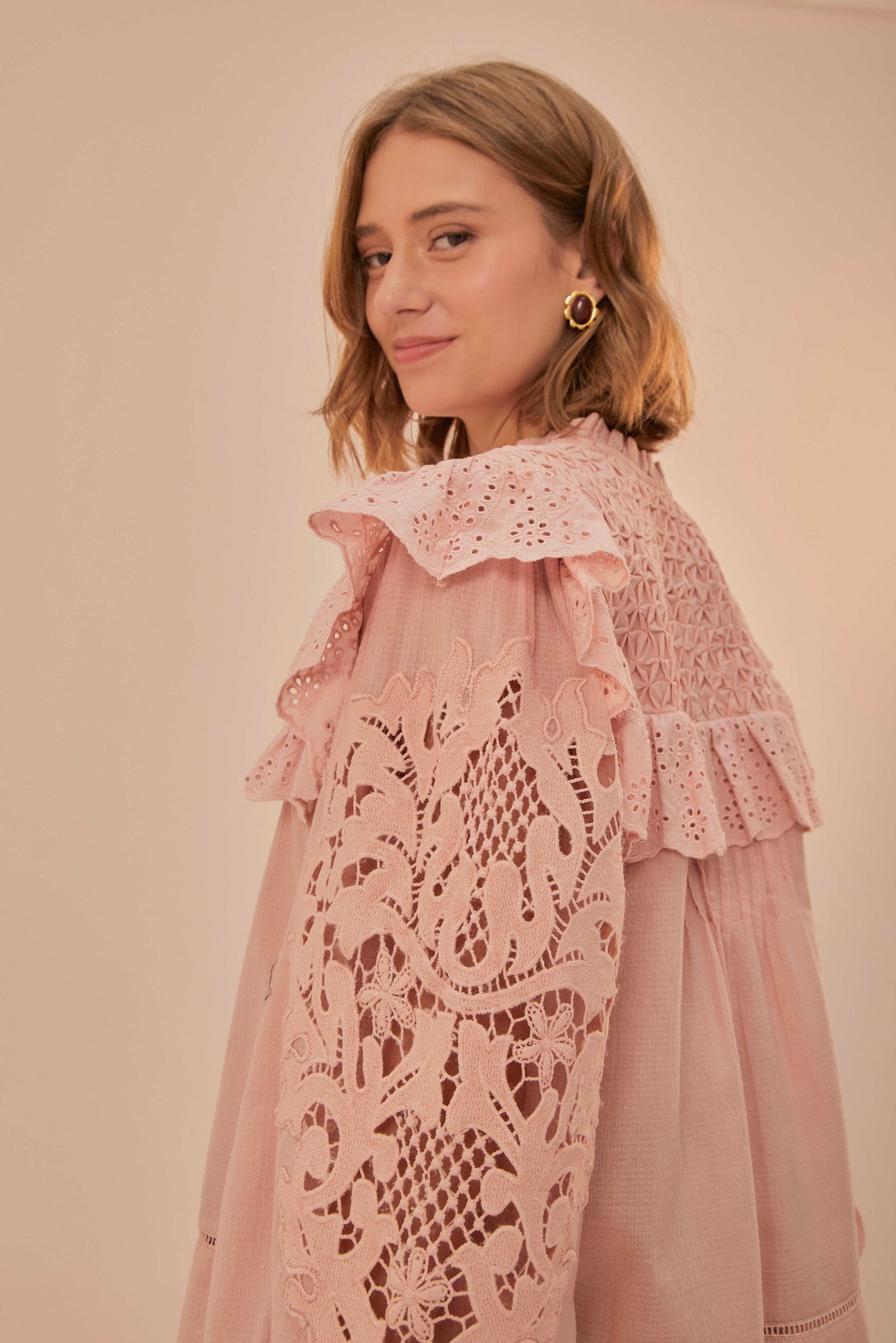 FARM Rio model wearing the Rose Honeycomb Blouse