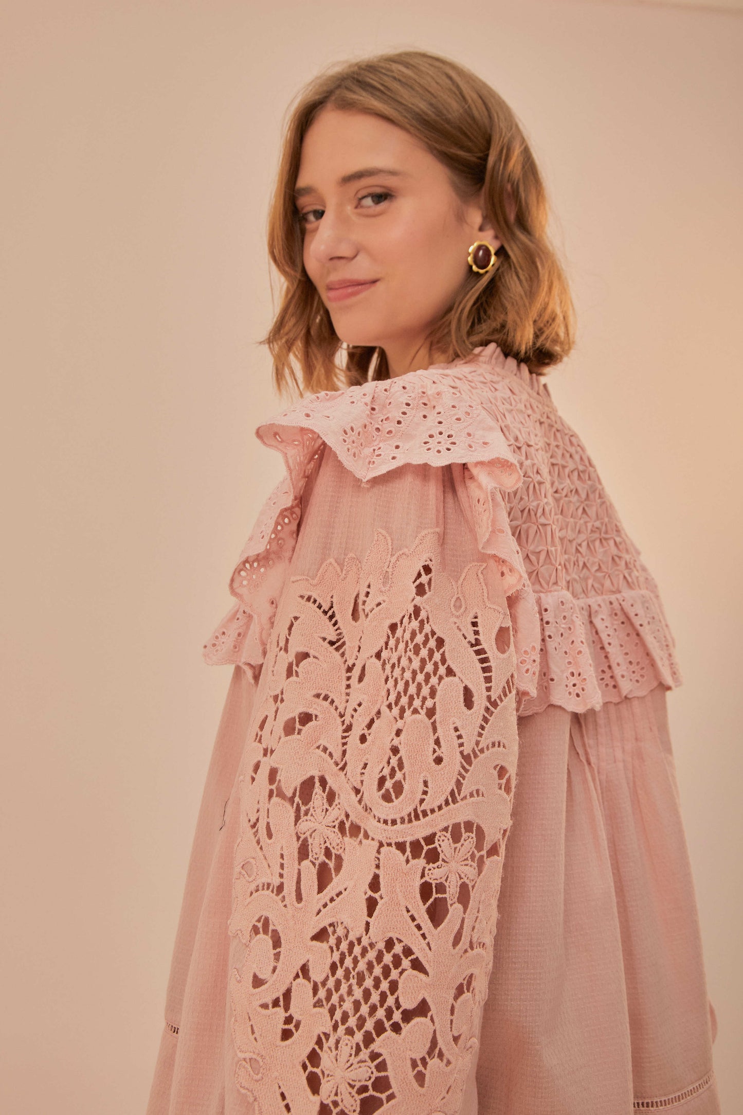 FARM Rio model wearing the Rose Honeycomb Blouse