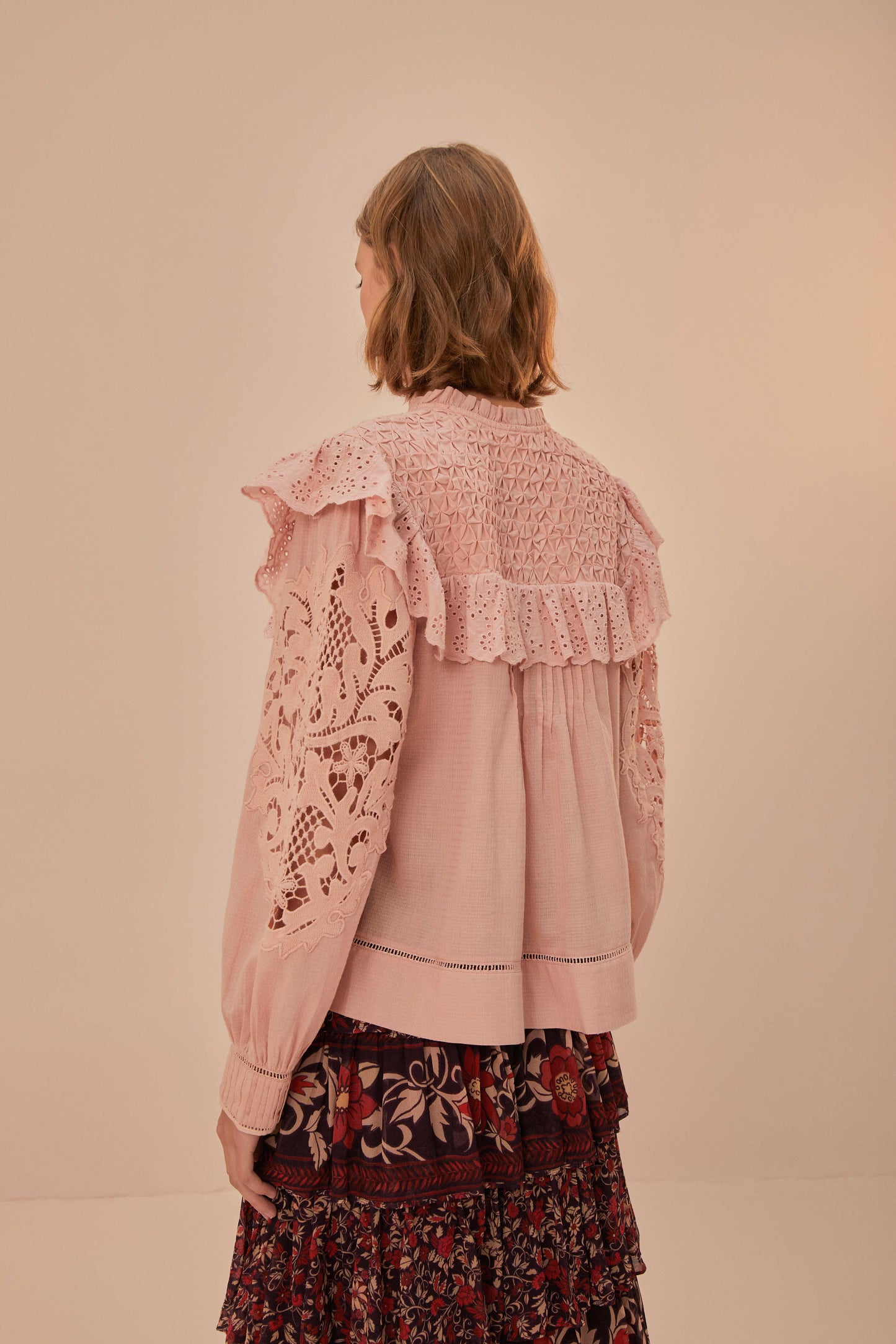 FARM Rio model wearing the Rose Honeycomb Blouse
