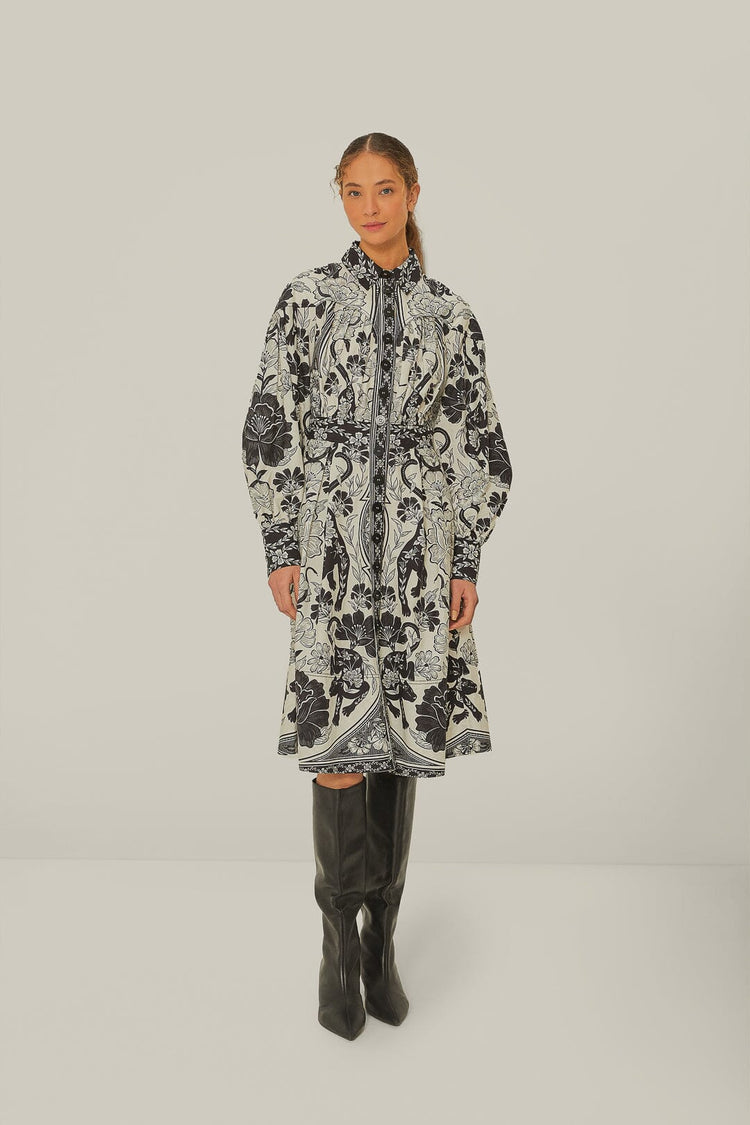 Flower Leopards Off-White Collarneck Midi Dress