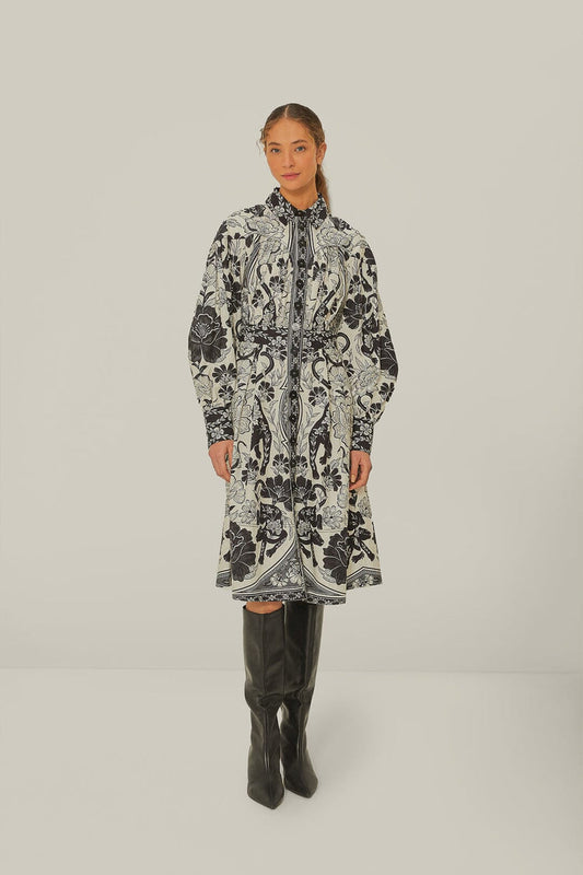 Flower Leopards Off-White Collarneck Midi Dress