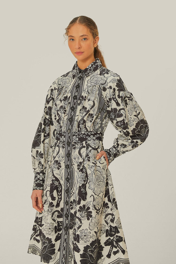 Flower Leopards Off-White Collarneck Midi Dress