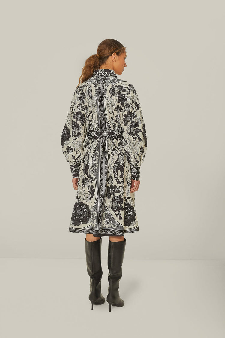 Flower Leopards Off-White Collarneck Midi Dress