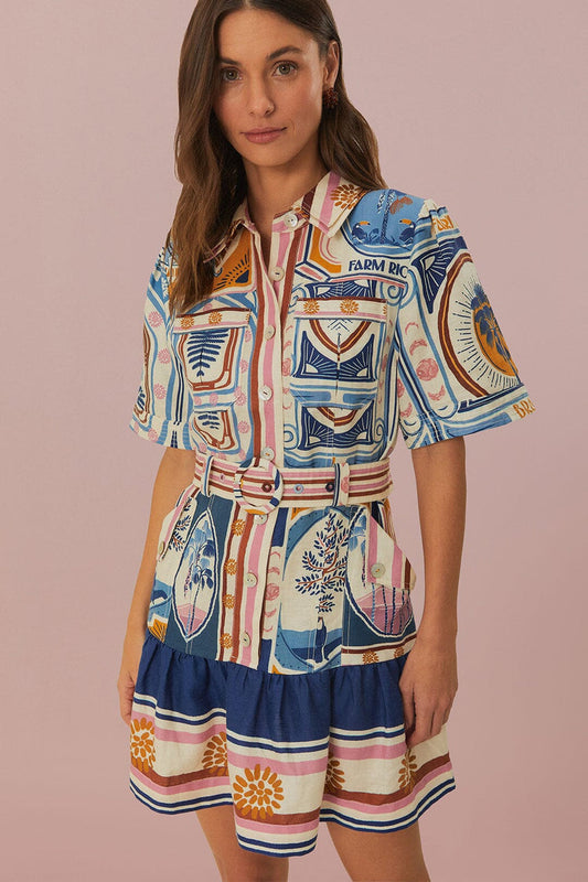 Cerrado Stamps Cream Short Sleeve Mini Dress