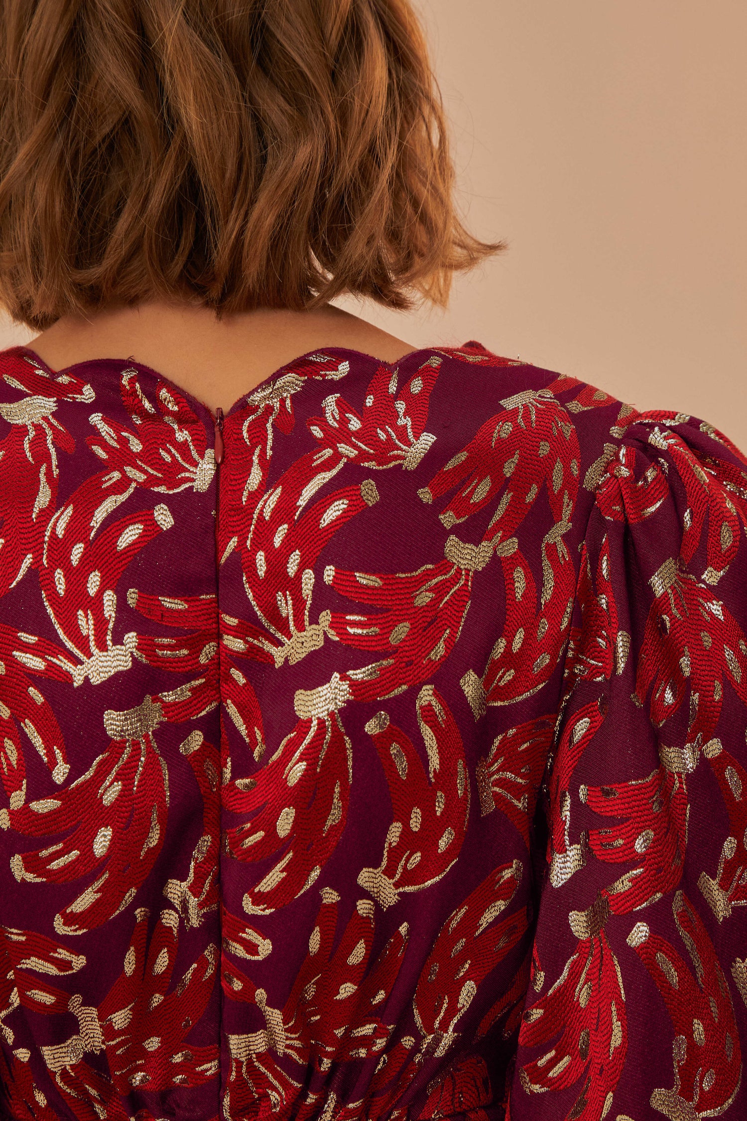 FARM Rio model wearing the Burgundy Bossa Banana Jacquard Midi Dress