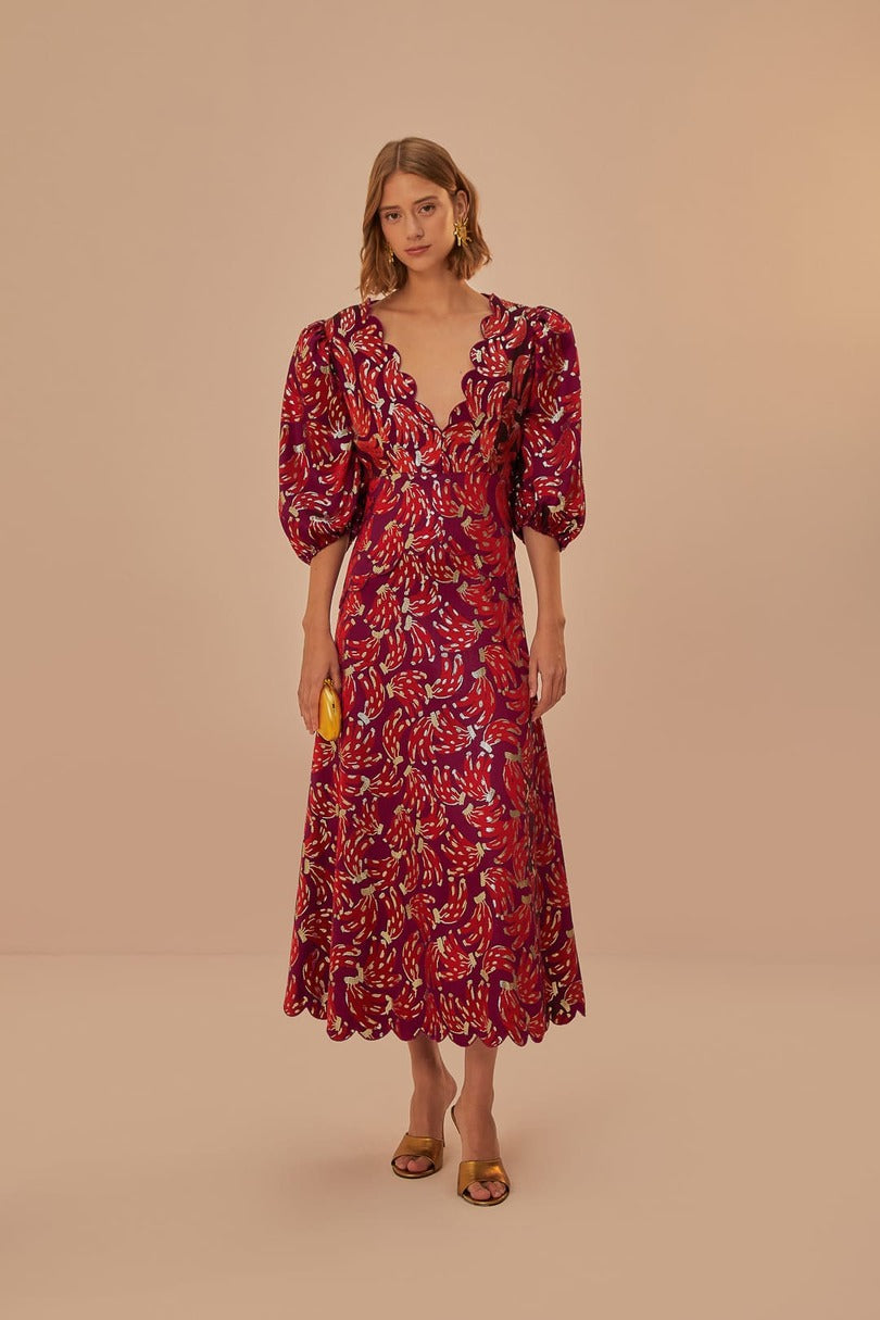 FARM Rio model wearing the Burgundy Bossa Banana Jacquard Midi Dress
