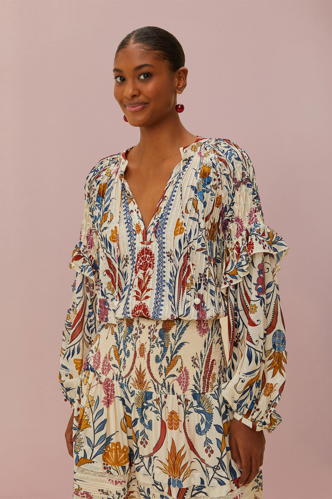 FARM Rio model wearing the Cream Romantic Lightness Long Sleeve Blouse
