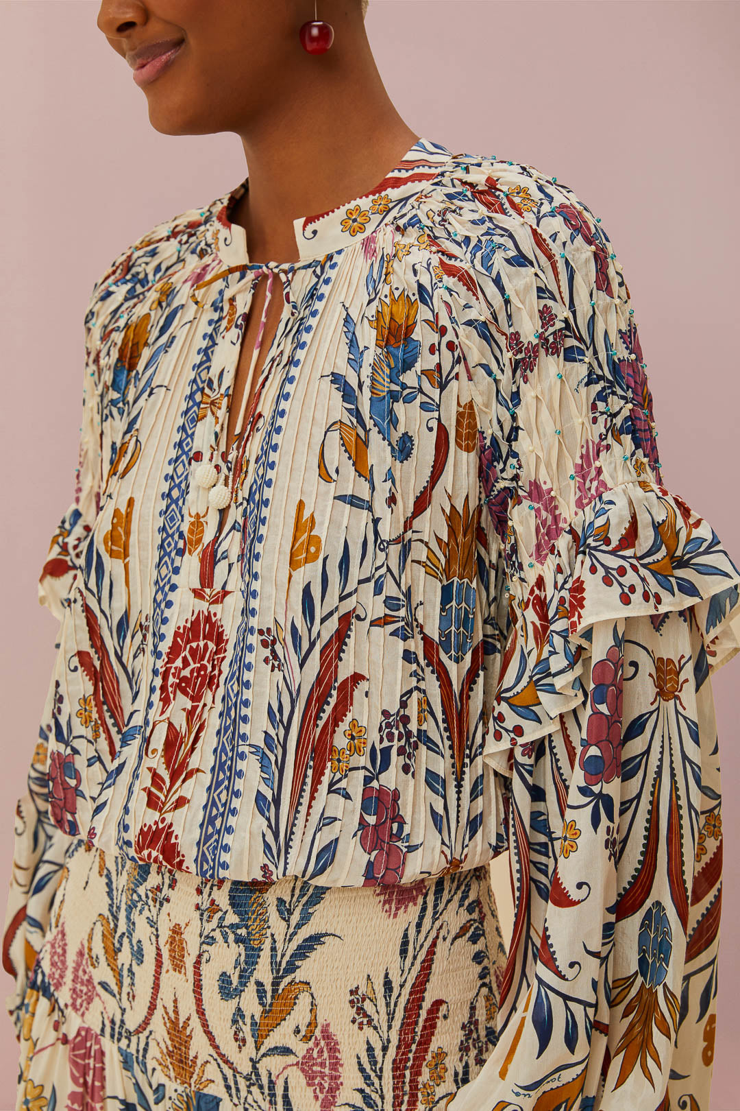 FARM Rio model wearing the Cream Romantic Lightness Long Sleeve Blouse