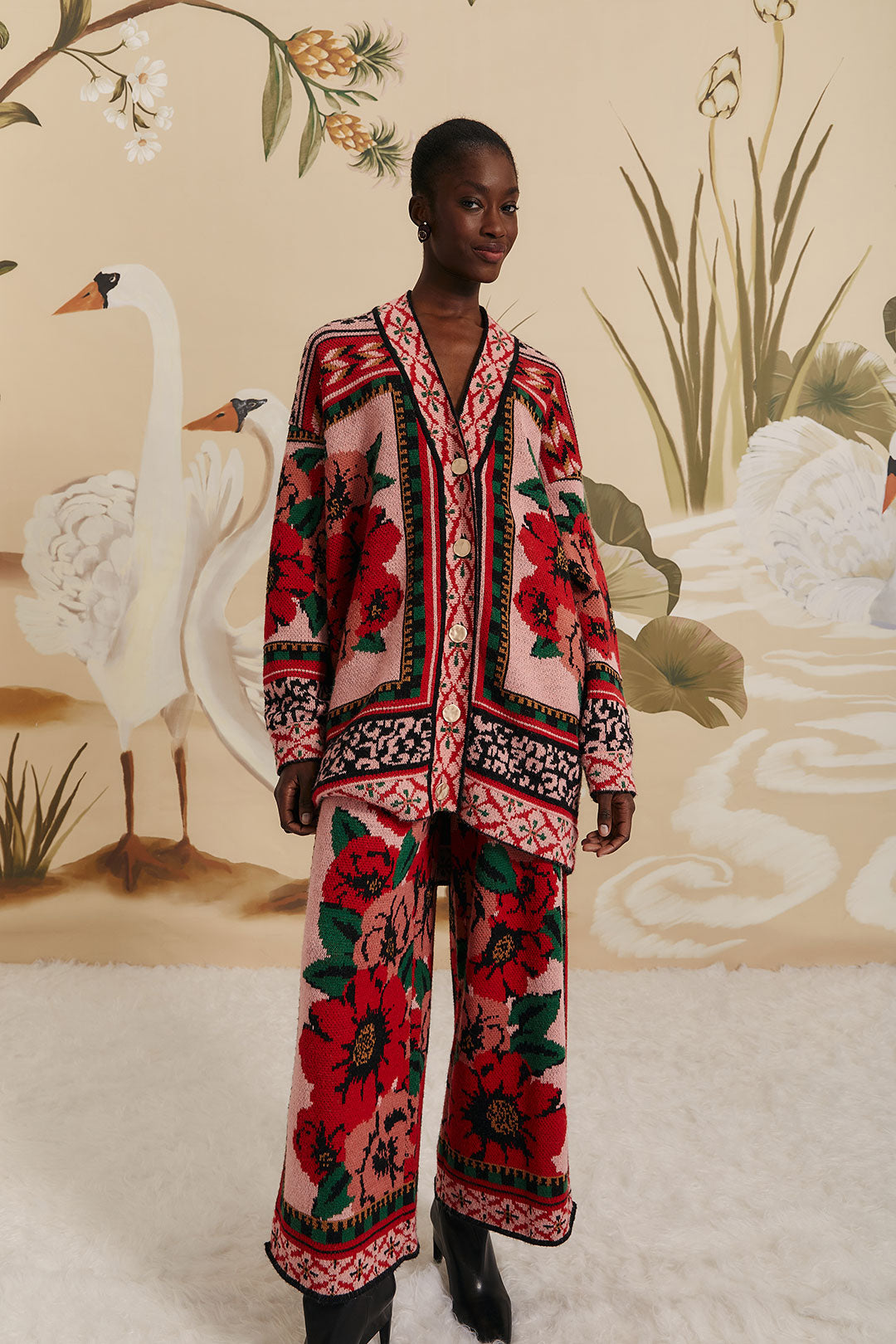 FARM Rio model wearing the Flower Tapestry Knit Pants
