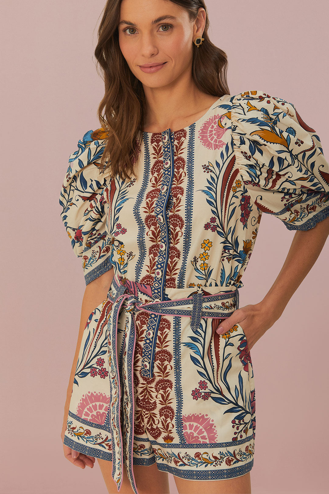 FARM Rio model wearing the Cream Romantic Lightness Belted Romper