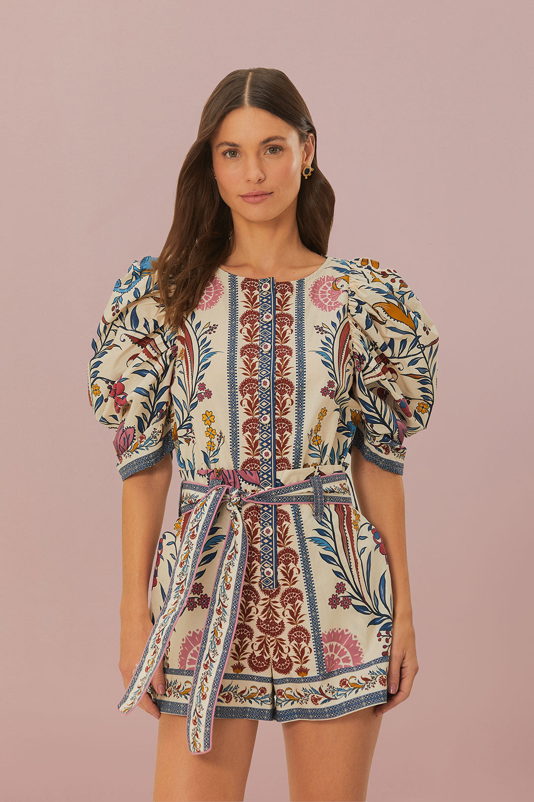 FARM Rio model wearing the Cream Romantic Lightness Belted Romper