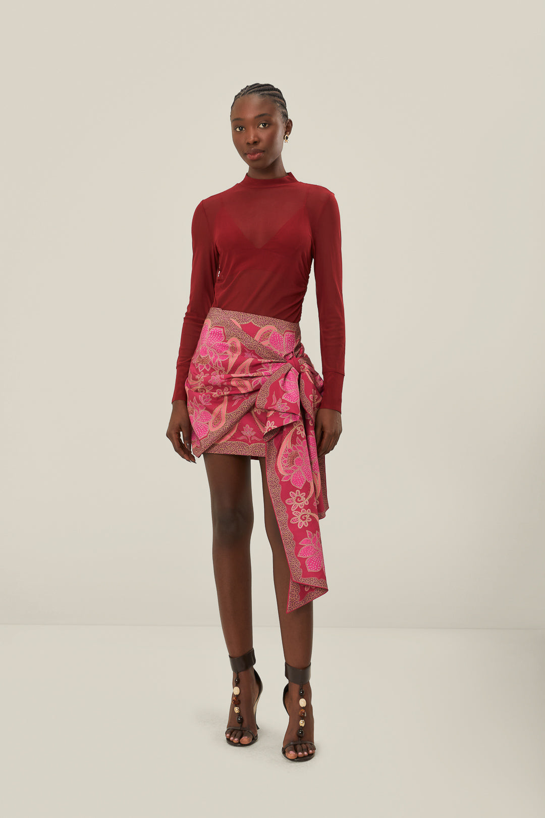 FARM Rio model wearing the Floral Glam Scarf Red Tie Gathering Mini Skirt