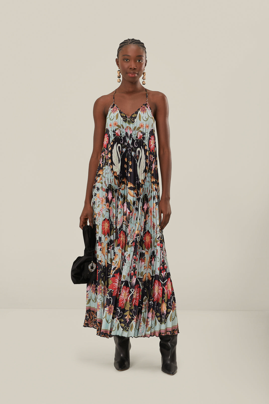 FARM Rio model wearing the Blue Flowing Beauty Pleated Sleeveless Midi Dress