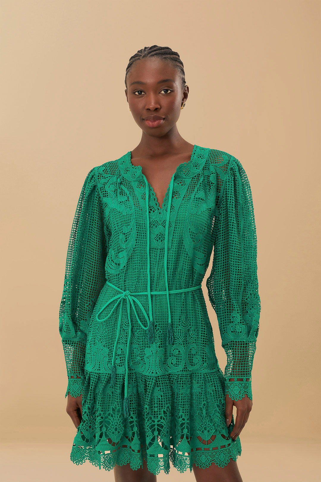 Tropical Flight Green Guipure Mini Dress