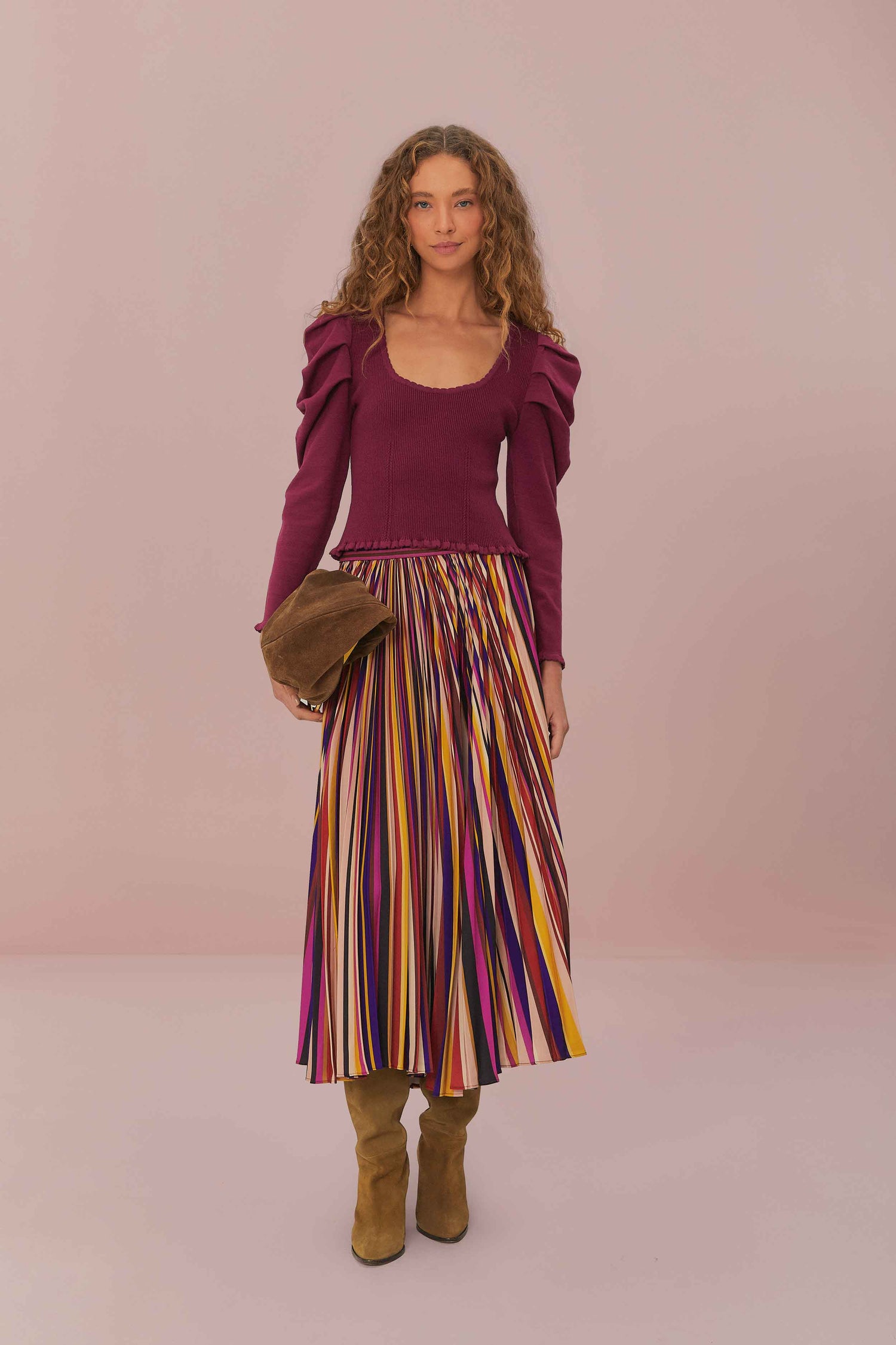 FARM Rio model wearing the Multicolor Diagonal Stripes Pleated Maxi Skirt