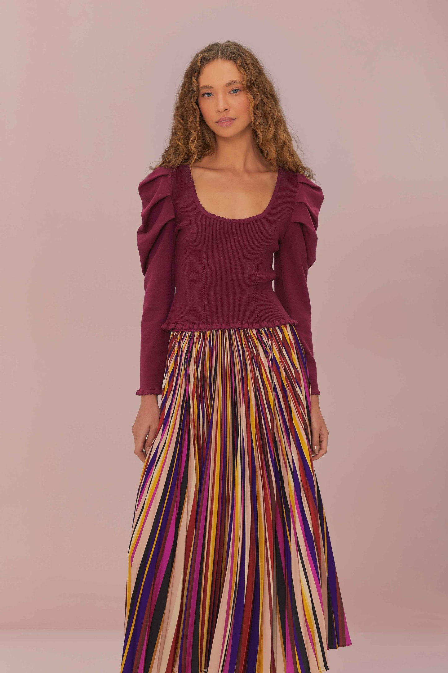 FARM Rio model wearing the Multicolor Diagonal Stripes Pleated Maxi Skirt