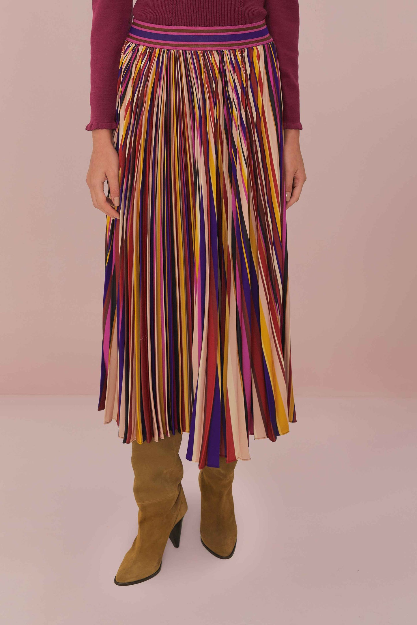 FARM Rio model wearing the Multicolor Diagonal Stripes Pleated Maxi Skirt