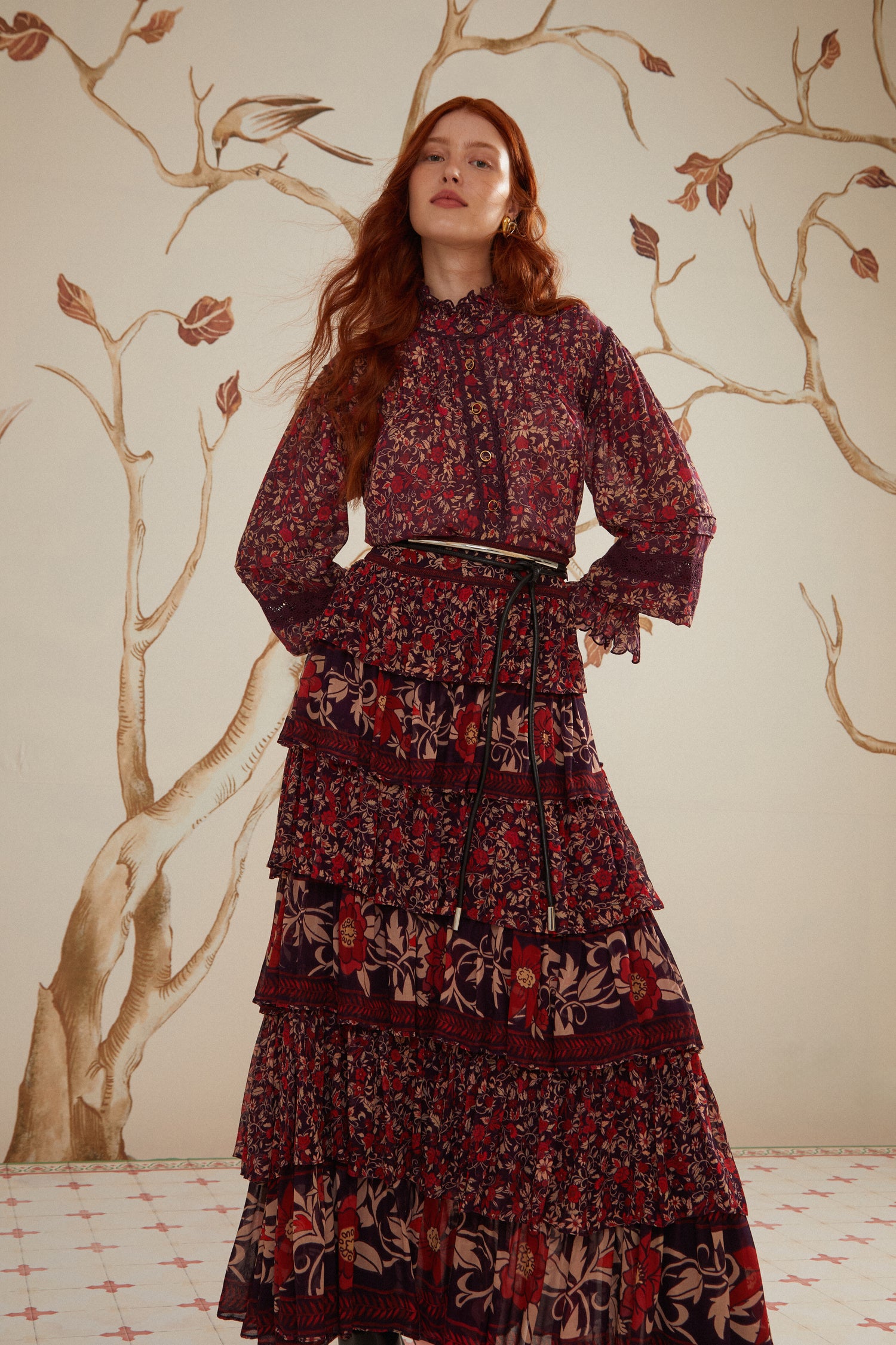 FARM Rio model wearing the Chelsea Garden Ruffles Maxi Skirt