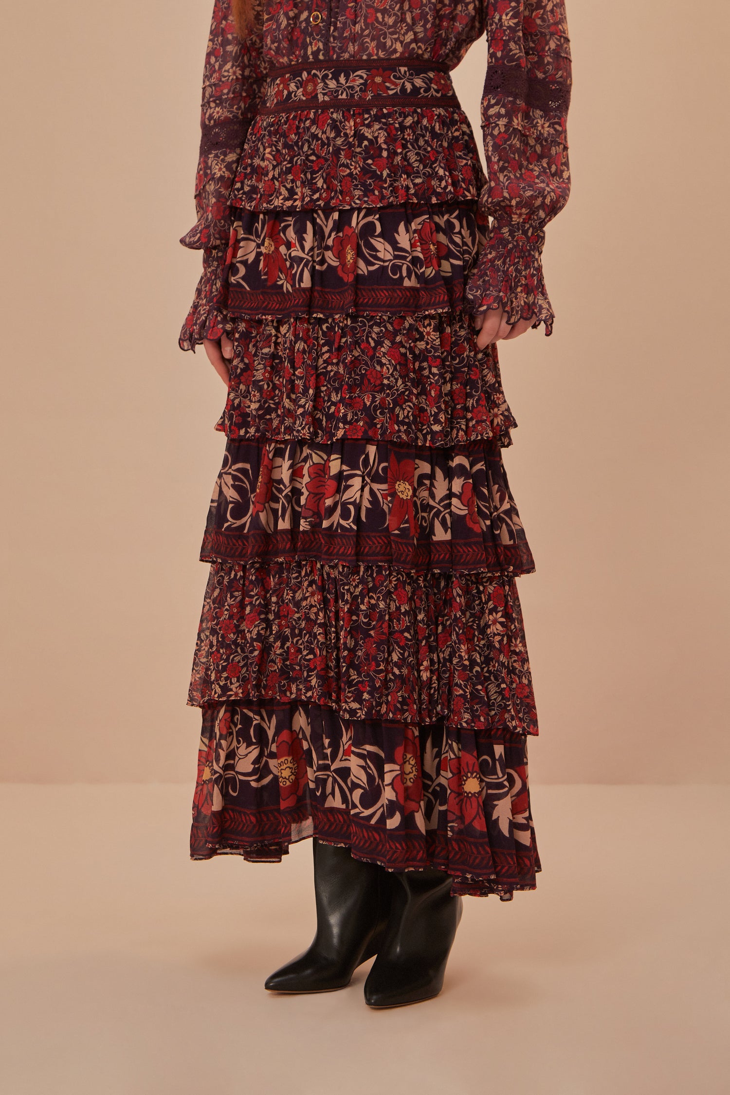 FARM Rio model wearing the Chelsea Garden Ruffles Maxi Skirt