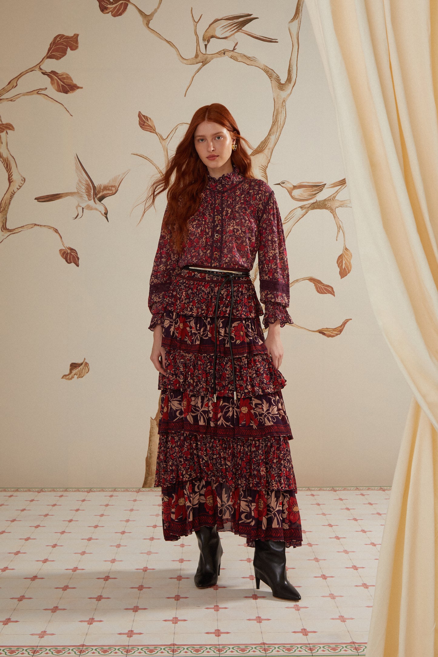 FARM Rio model wearing the Chelsea Garden Ruffles Maxi Skirt