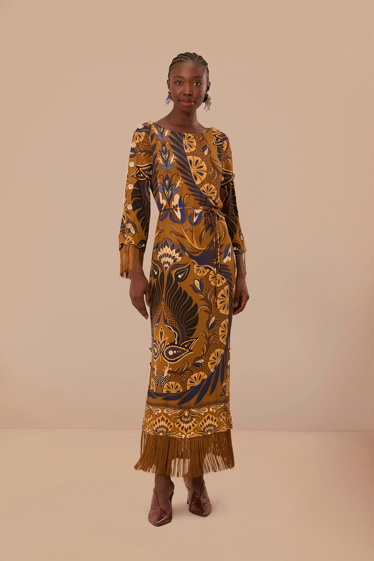FARM Rio model wearing the Heart Forest Gold Maxi Dress
