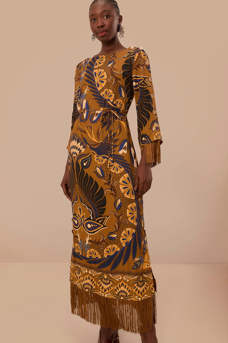 FARM Rio model wearing the Heart Forest Gold Maxi Dress