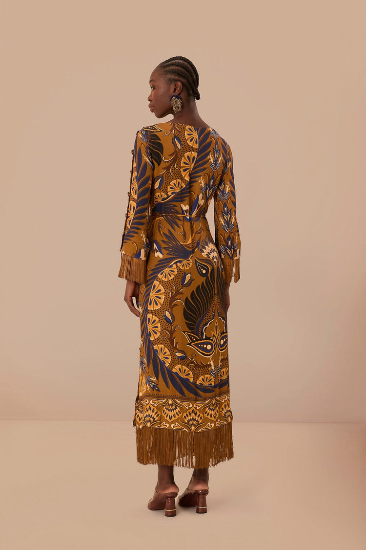 FARM Rio model wearing the Heart Forest Gold Maxi Dress