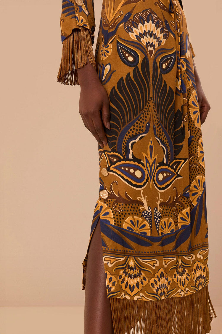 FARM Rio model wearing the Heart Forest Gold Maxi Dress