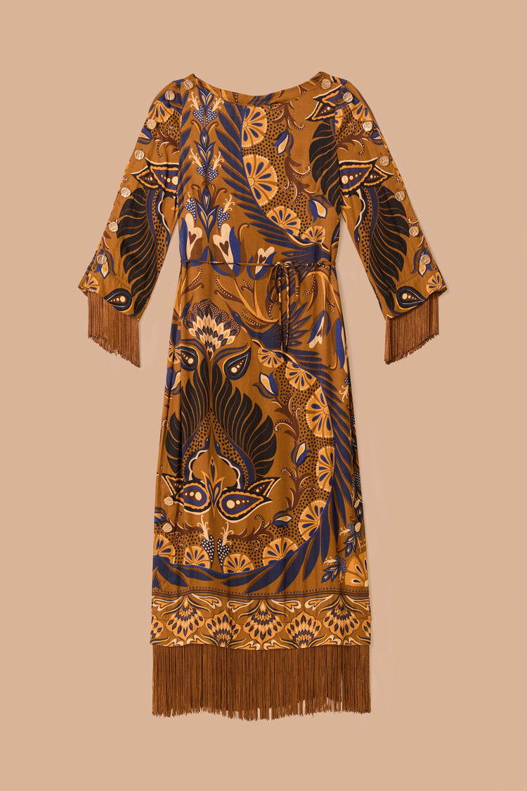 FARM Rio model wearing the Heart Forest Gold Maxi Dress