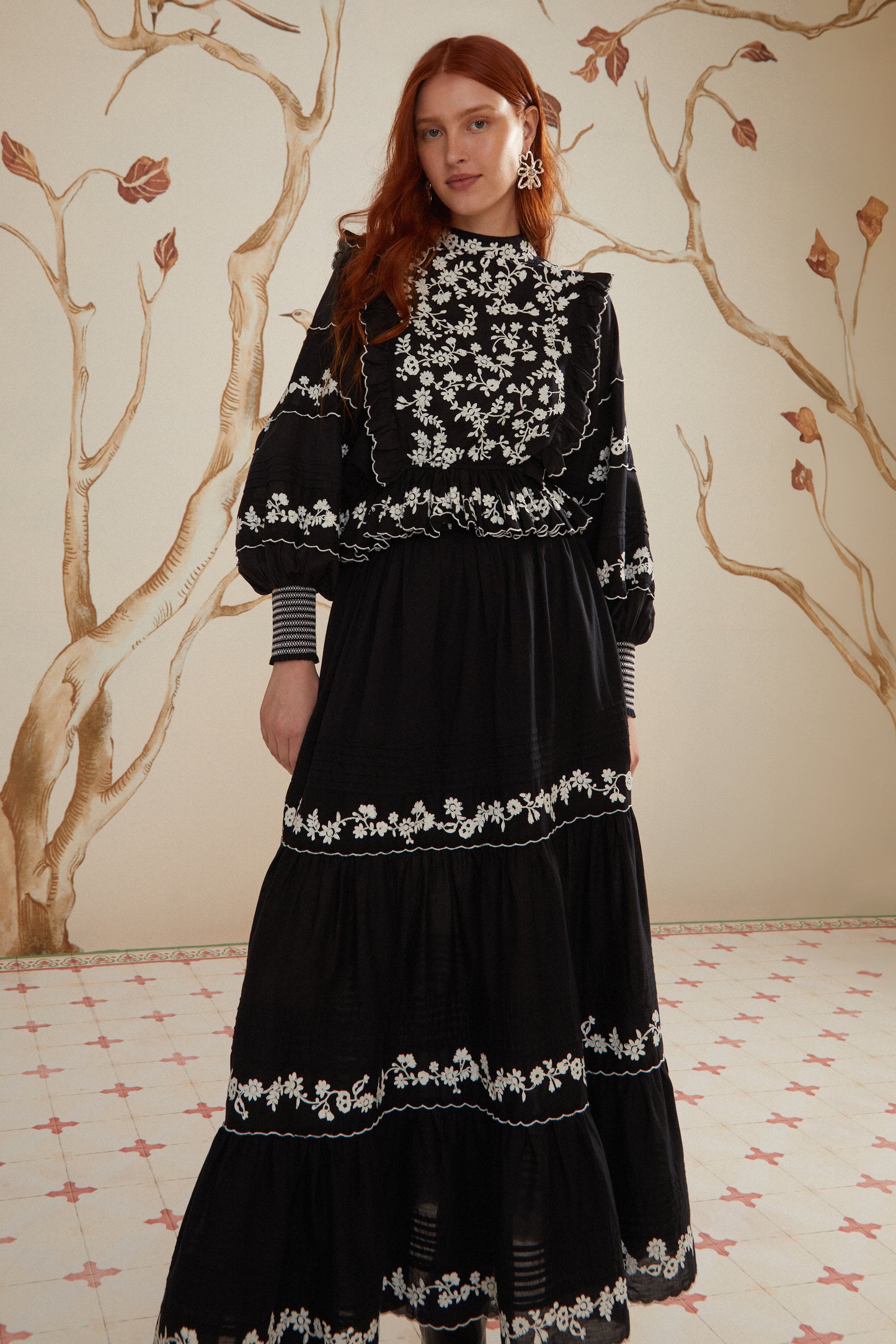 Black Embroidered Ruffled Maxi Skirt