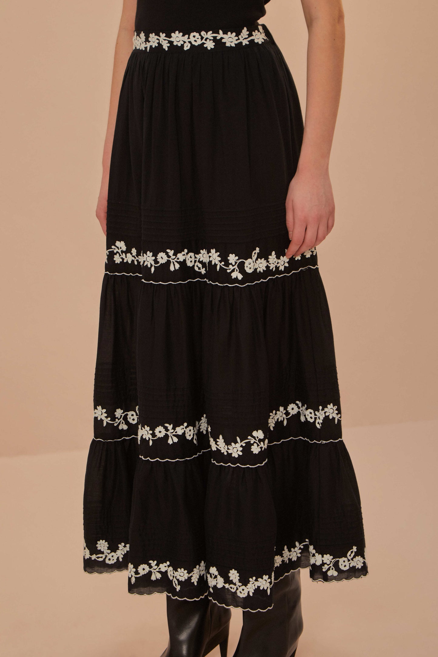Black Embroidered Ruffled Maxi Skirt