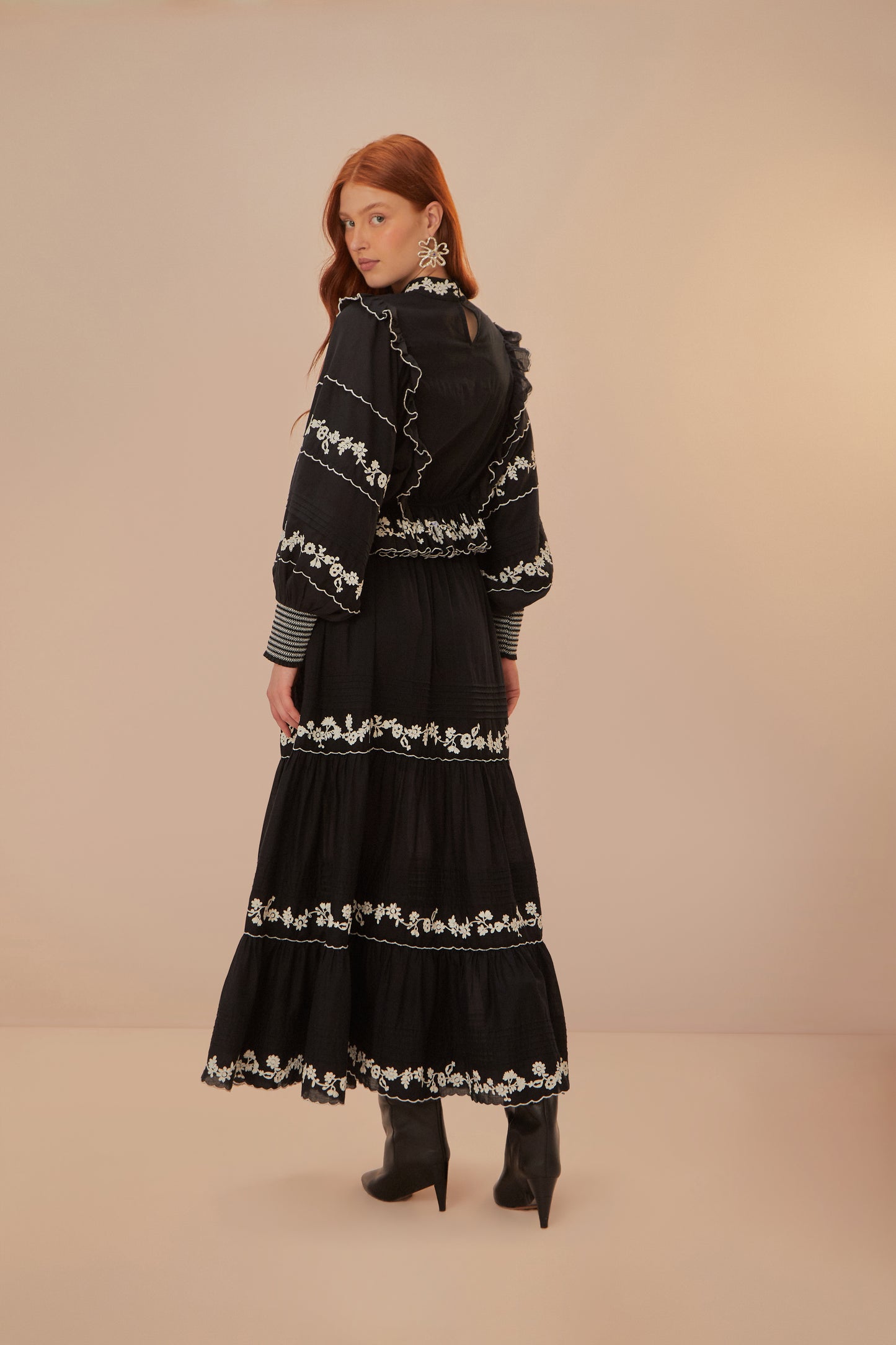 Black Embroidered Ruffled Maxi Skirt