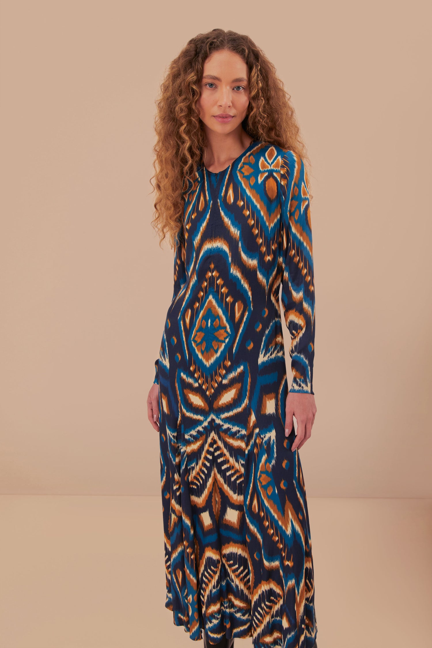 FARM Rio model wearing the Pineapple Ikat Blue Maxi Dress