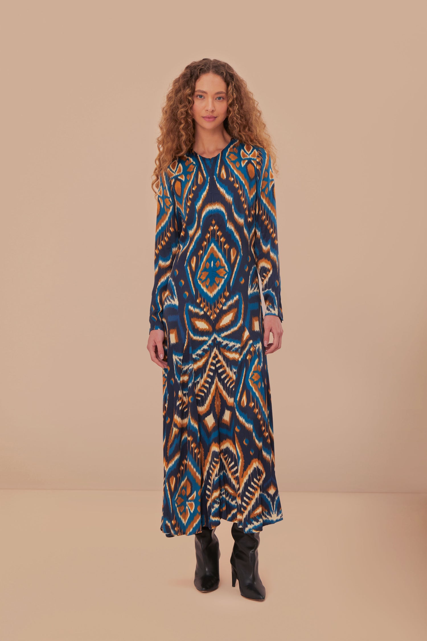 FARM Rio model wearing the Pineapple Ikat Blue Maxi Dress