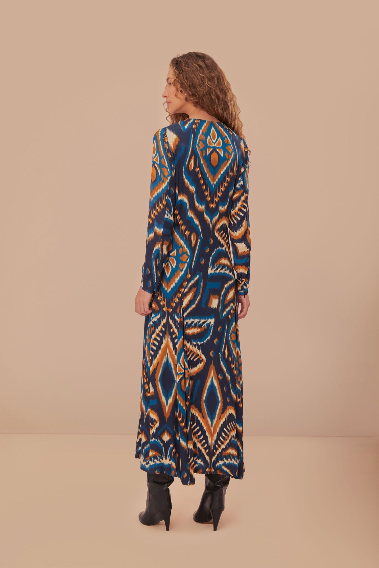 FARM Rio model wearing the Pineapple Ikat Blue Maxi Dress