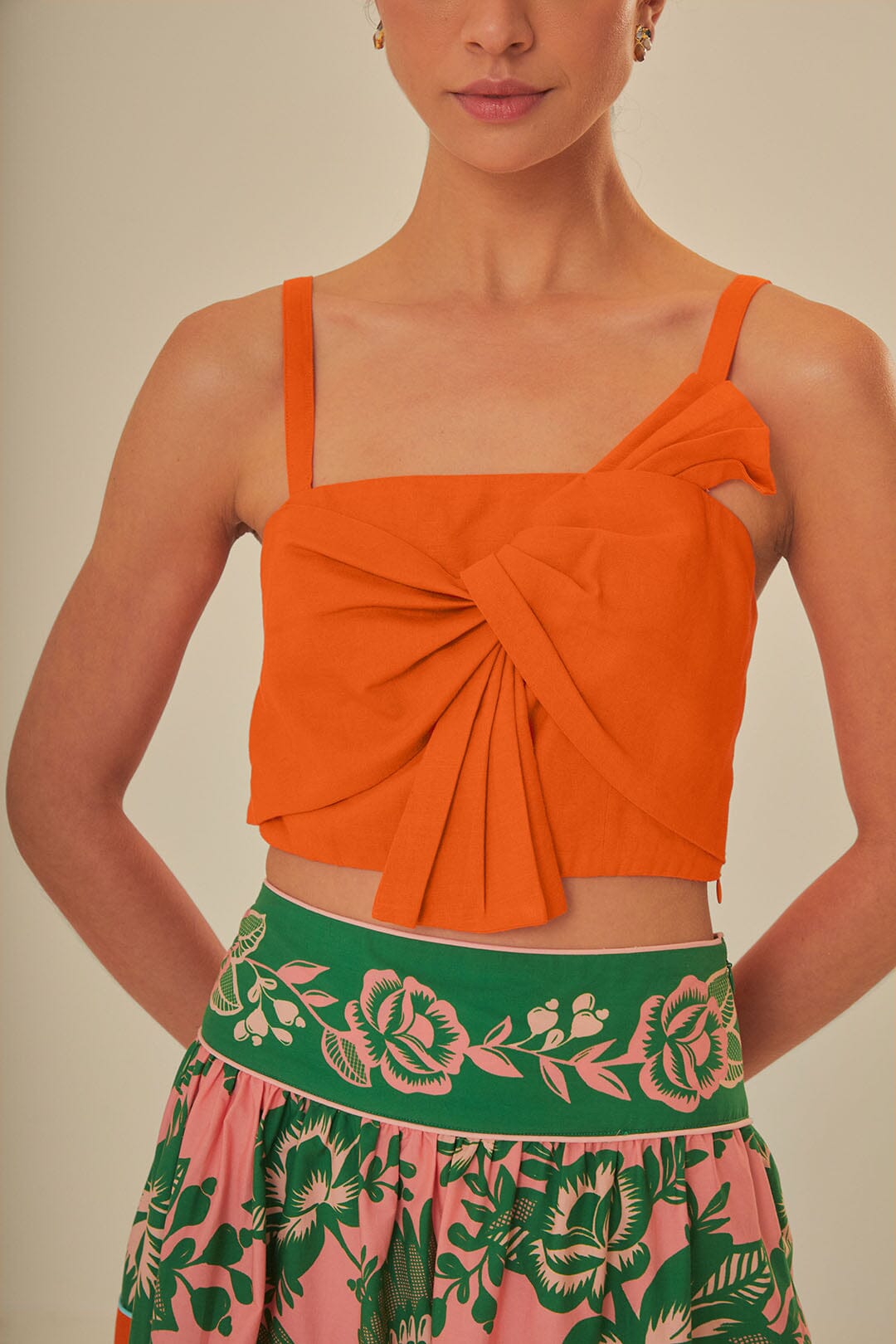 FARM Rio model wearing the Orange Front Bow Top