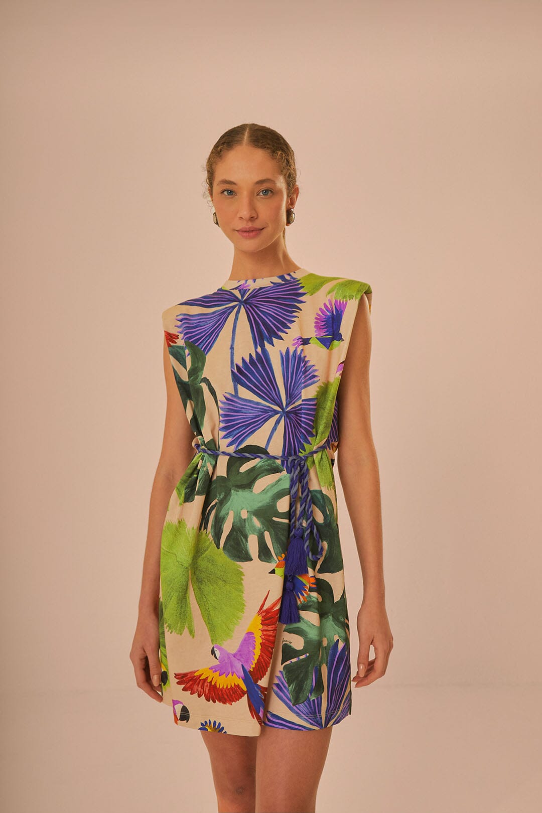 FARM Rio model wearing the Sand Macaw Jungle Organic Cotton T-Shirt Dress
