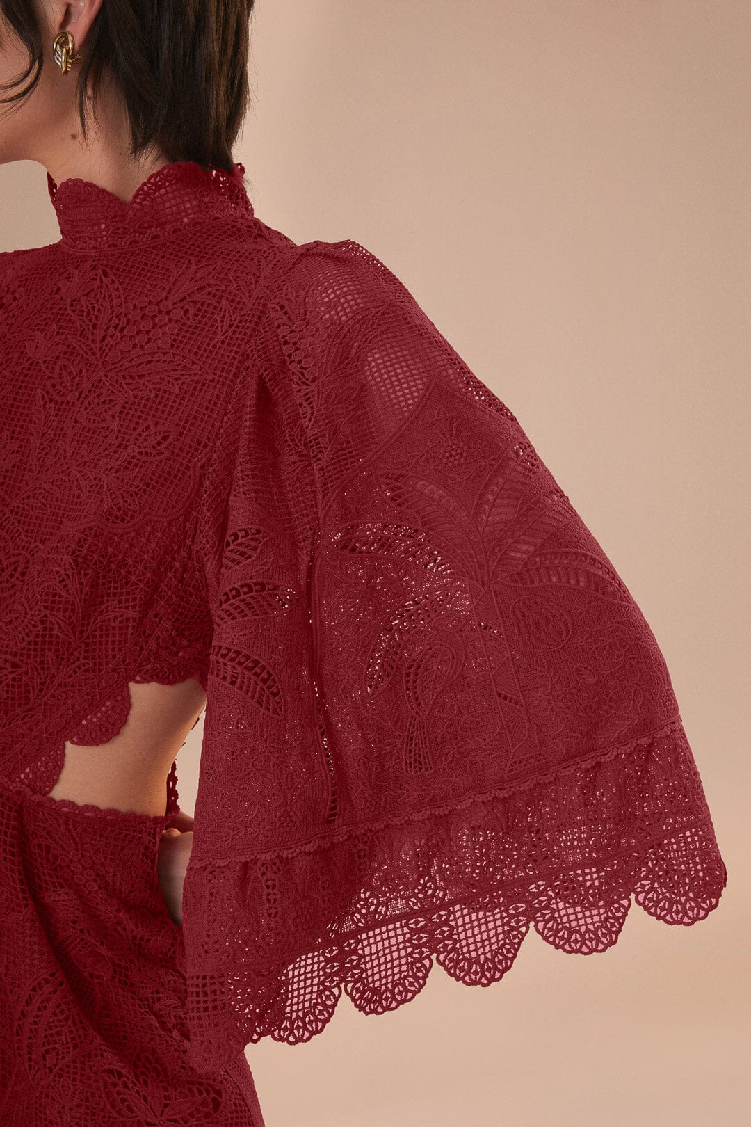 FARM Rio model wearing the Dark Magenta Guipire Cut Out Midi Dress