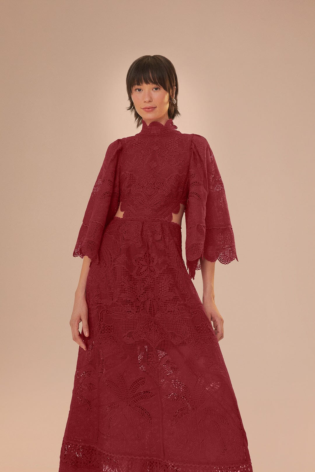 FARM Rio model wearing the Dark Magenta Guipire Cut Out Midi Dress