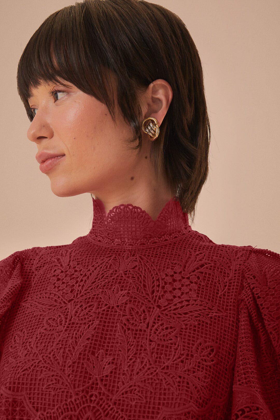 FARM Rio model wearing the Dark Magenta Guipire Cut Out Midi Dress