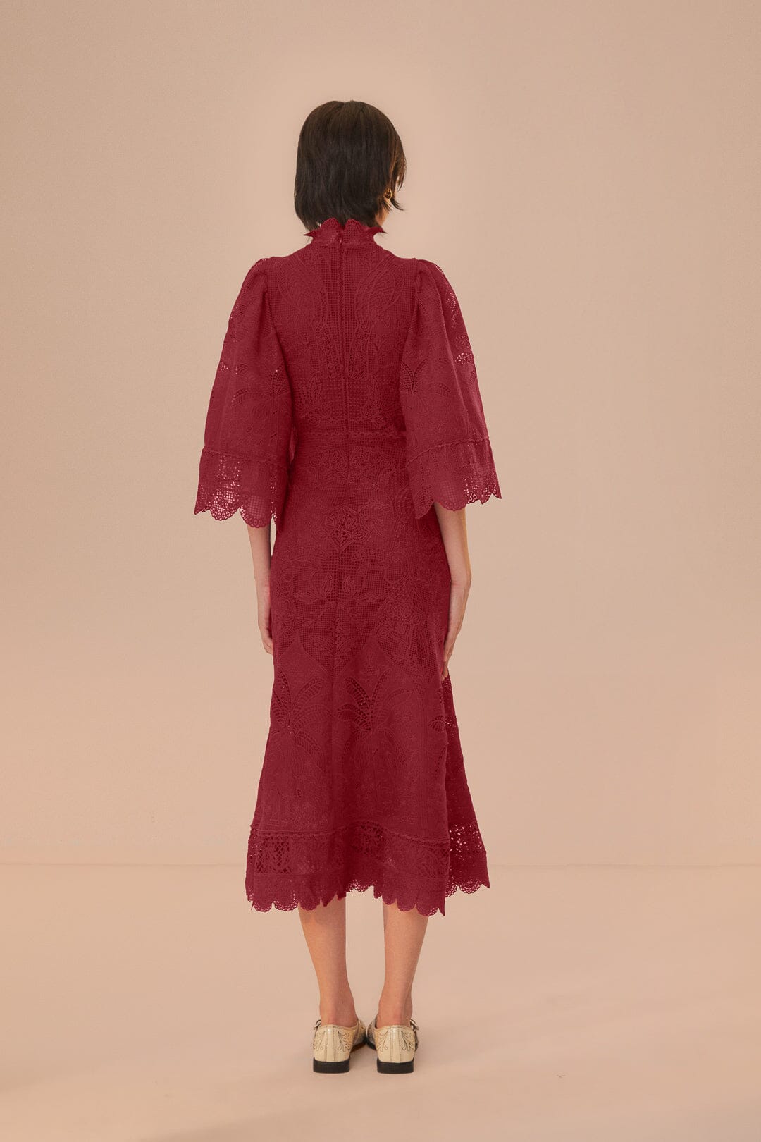 FARM Rio model wearing the Dark Magenta Guipire Cut Out Midi Dress