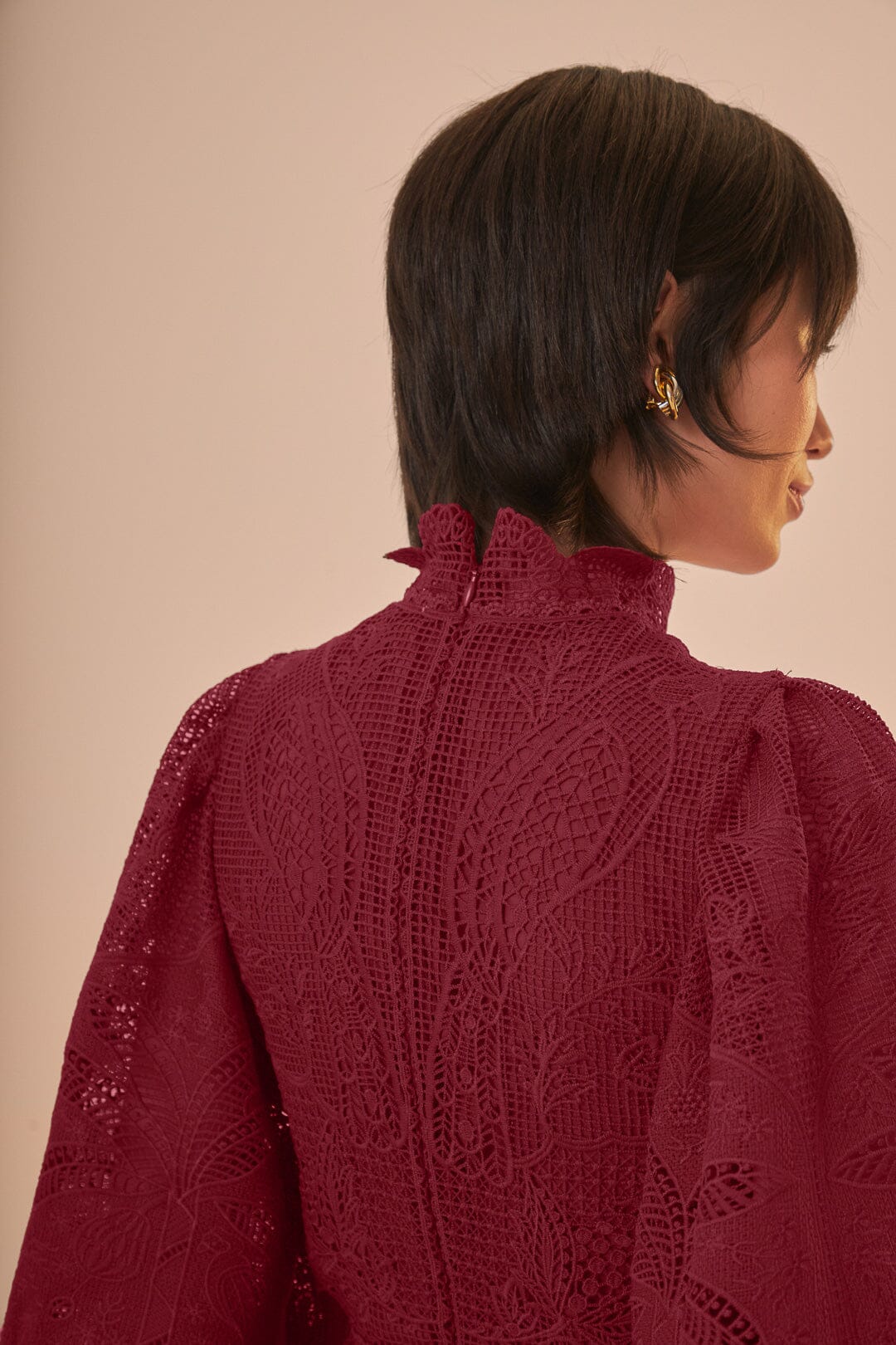 FARM Rio model wearing the Dark Magenta Guipire Cut Out Midi Dress