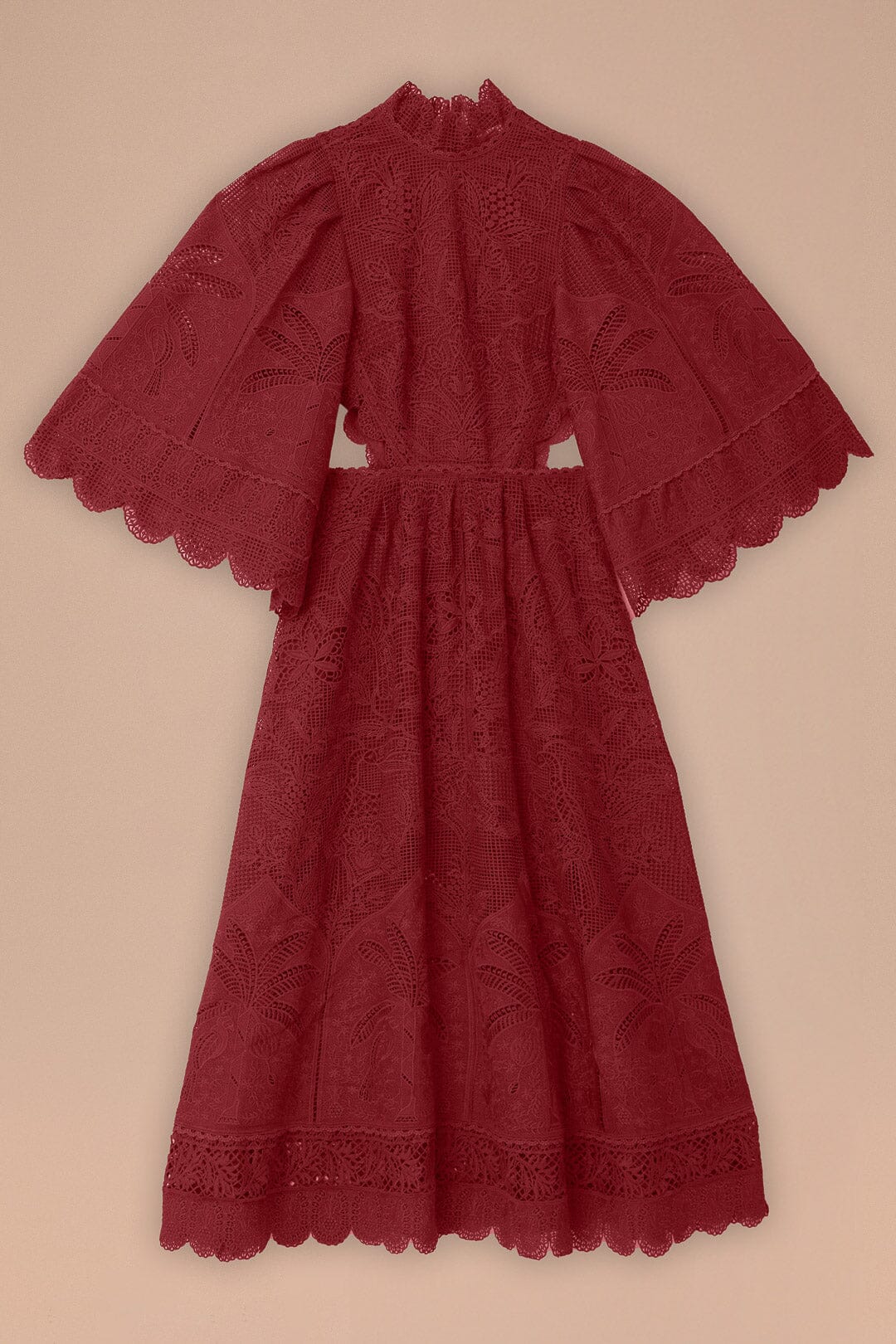 FARM Rio model wearing the Dark Magenta Guipire Cut Out Midi Dress