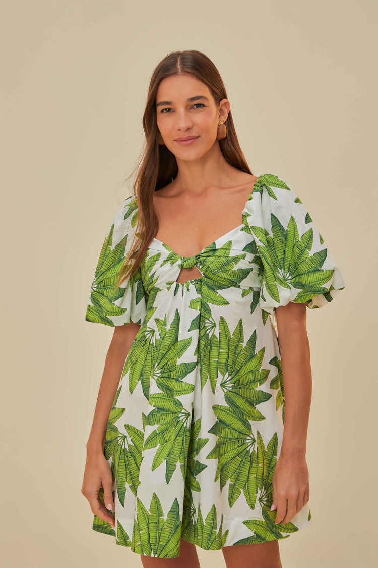 FARM Rio model wearing the Palms Fan Off White Mini Dress