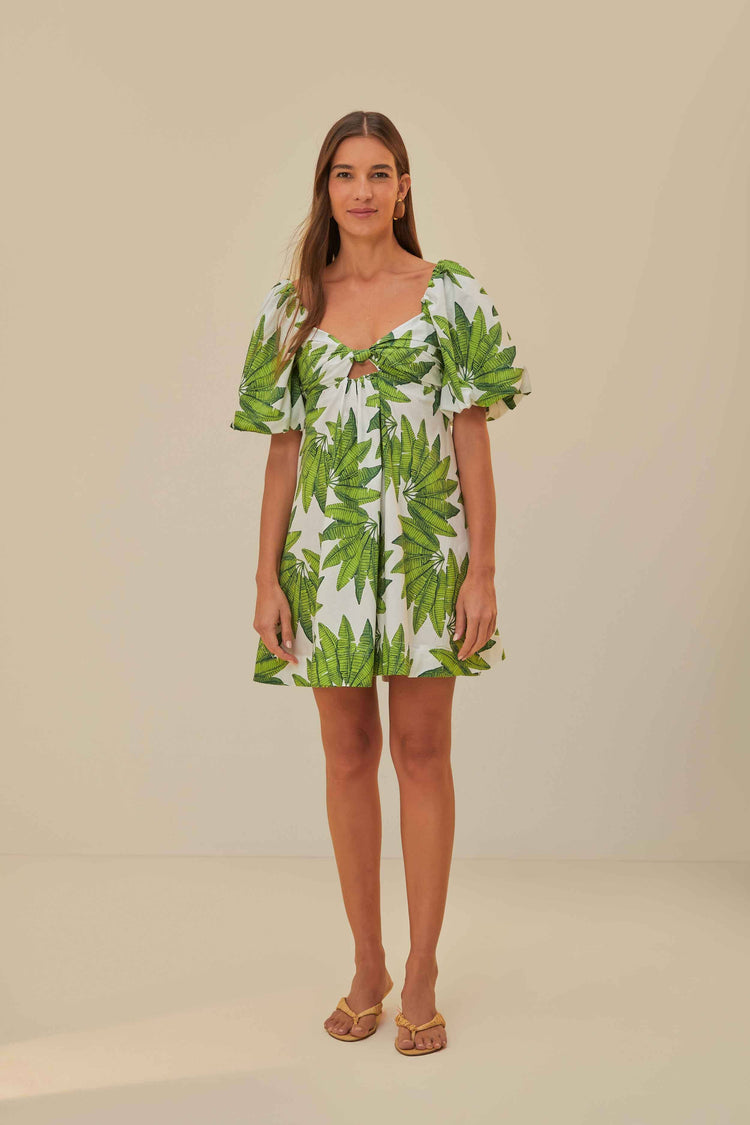 FARM Rio model wearing the Palms Fan Off White Mini Dress