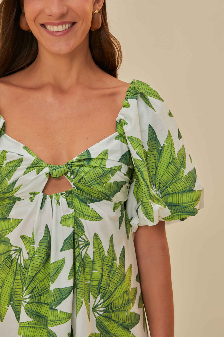 FARM Rio model wearing the Palms Fan Off White Mini Dress