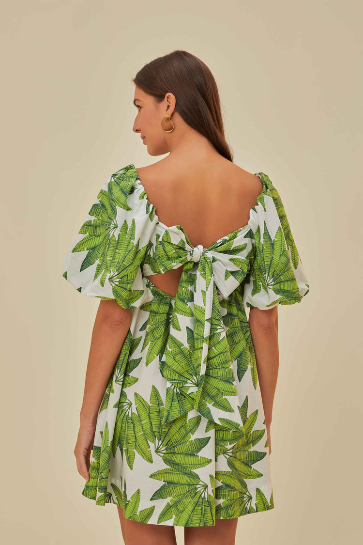 FARM Rio model wearing the Palms Fan Off White Mini Dress