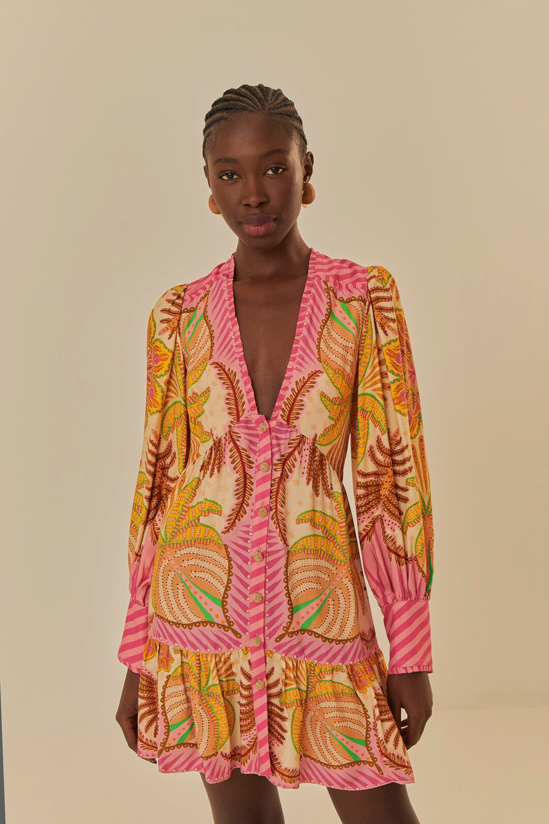 FARM Rio model wearing the Palm Scarf Sand Mini Dress