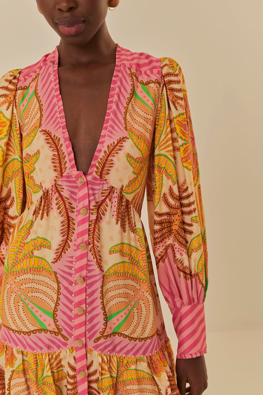 FARM Rio model wearing the Palm Scarf Sand Mini Dress