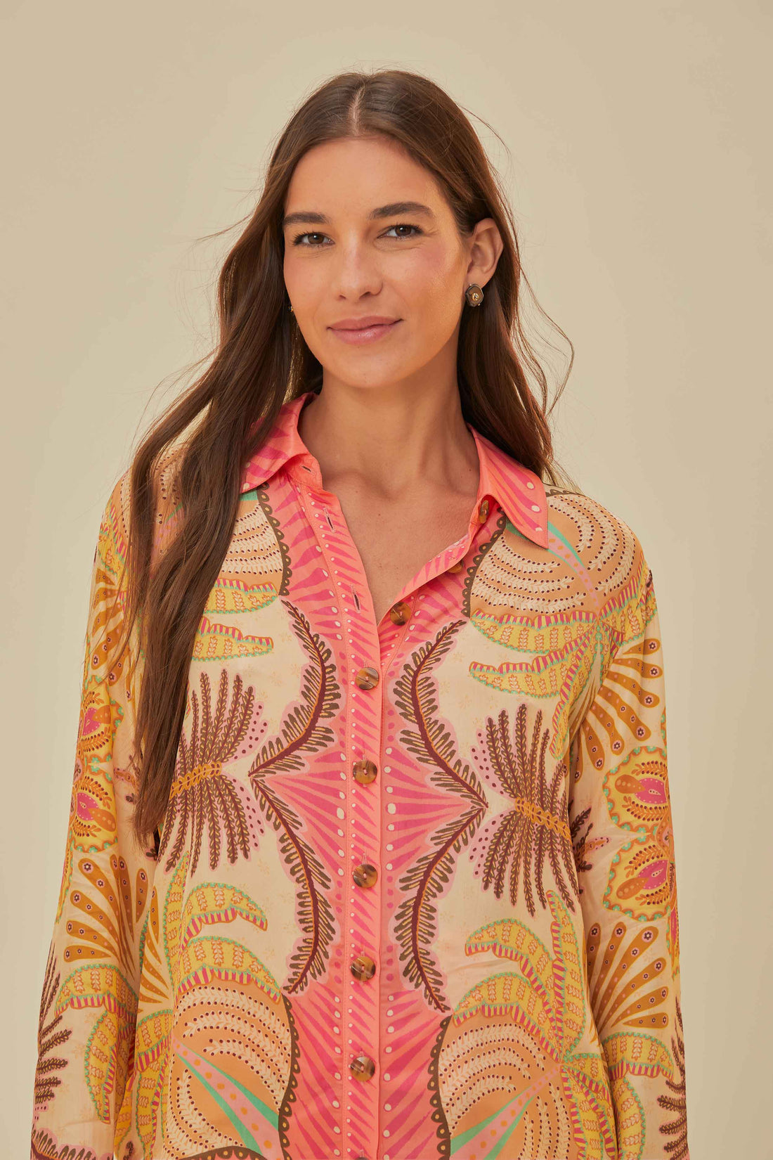 FARM Rio model wearing the Palm Scarf Sand Shirt